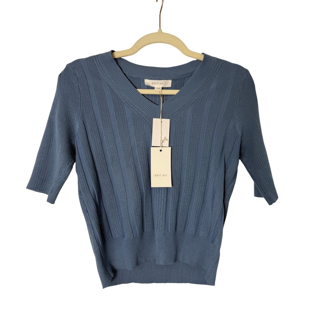BRIT.NY Knit Top Womens Medium Blue NEW Ribbed V-Neck Elbow Sleeve Sweater